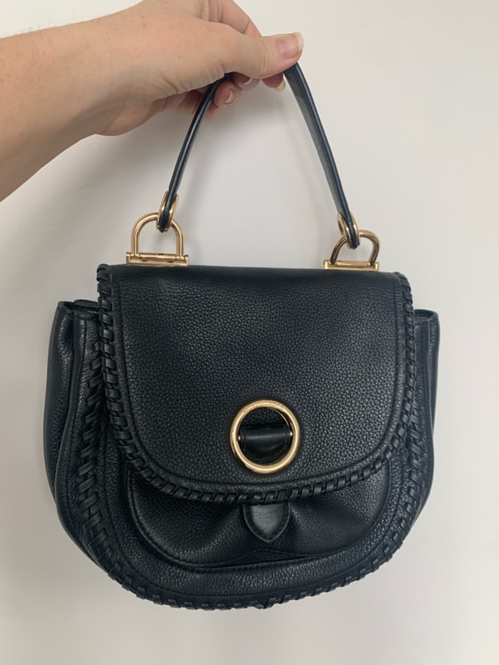 Michael Kors Black Leather Top-Handle Crossbody Bag with Gold Ring Accent
